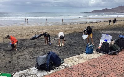 Limpieza de residuos plásticos en la playa de Las Canteras.